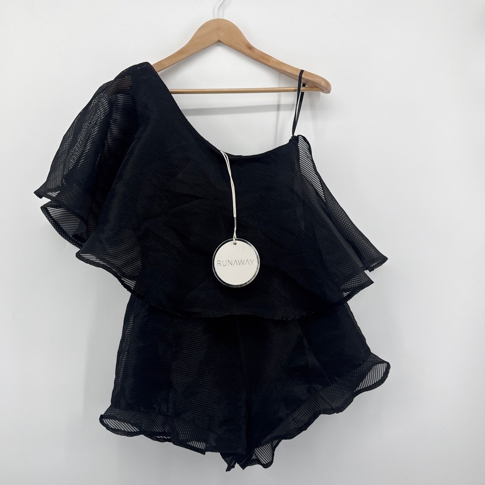 NWT Runaway the Label Amore Playsuit Black One Shoulder Ruffle Romper Size 6